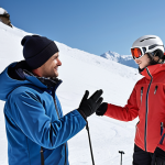 **

"Ski instructor interacting empathetically with a student on a snowy slope, demonstrating patience and clear communication."

**